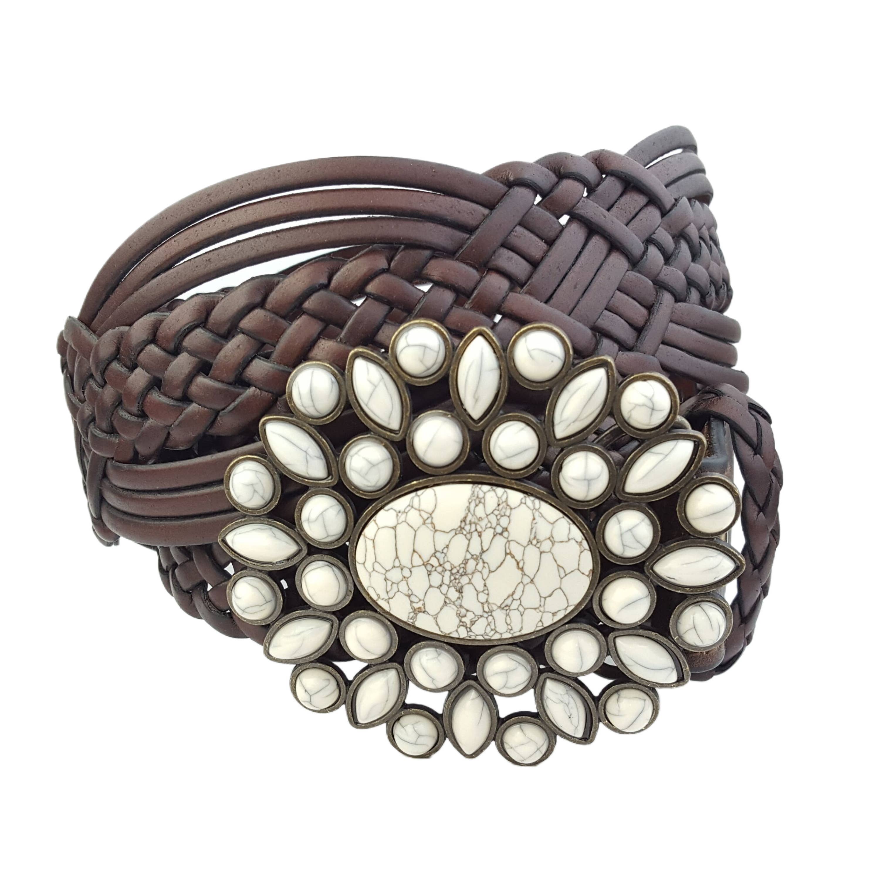 Hand Braided Leather Belt with Turquoise Style Buckle brass
