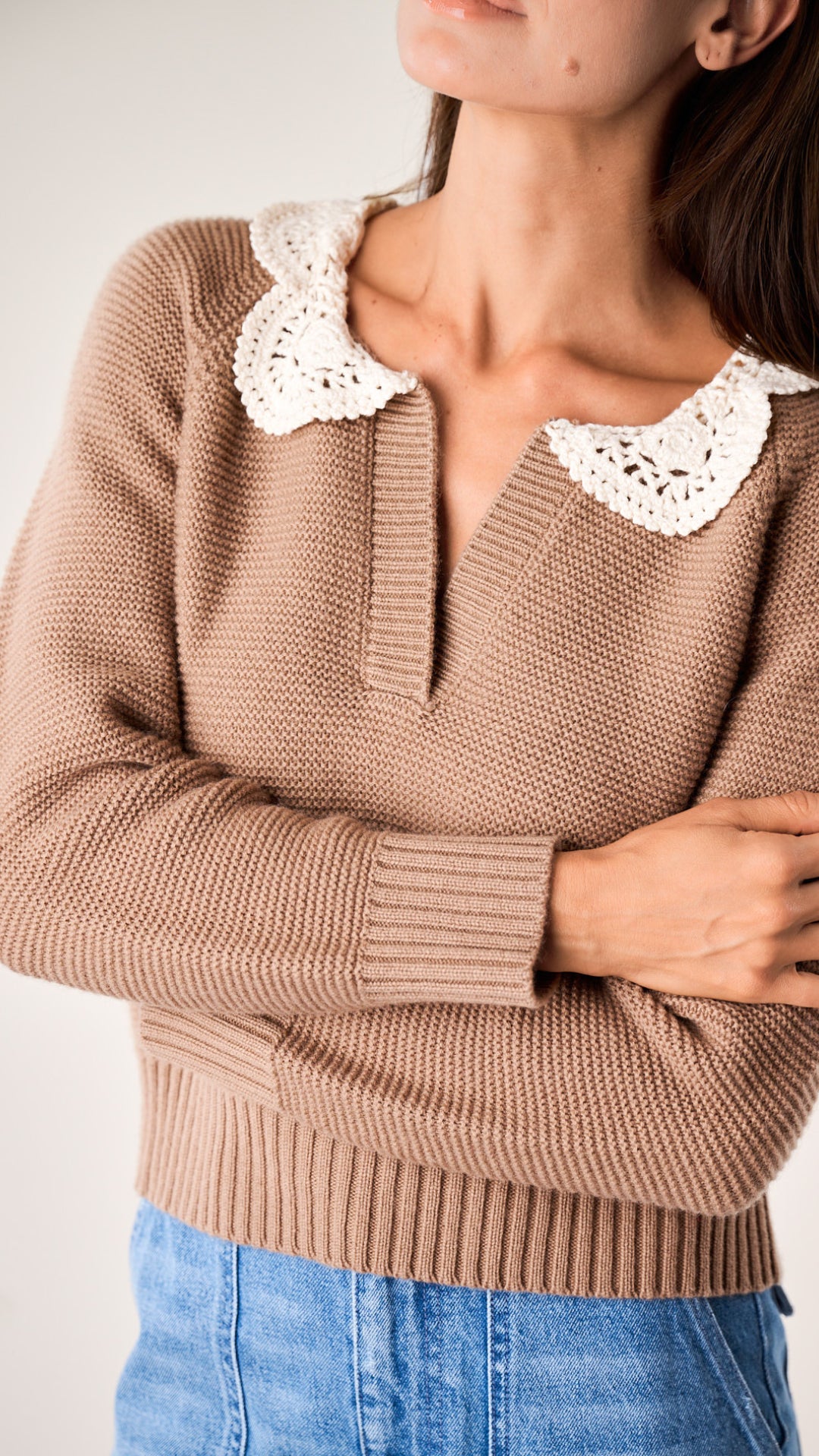 Crochet Collar Sweater - Camel