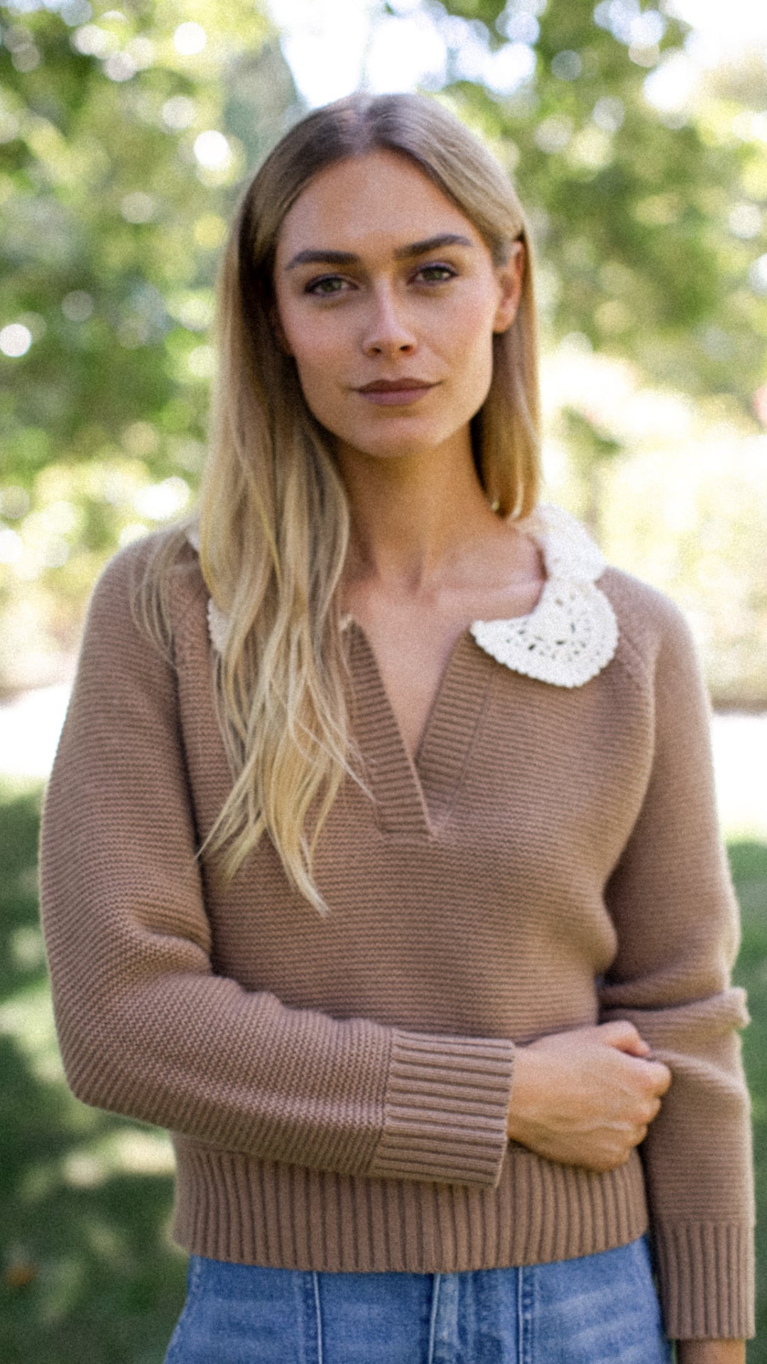 Crochet Collar Sweater - Camel
