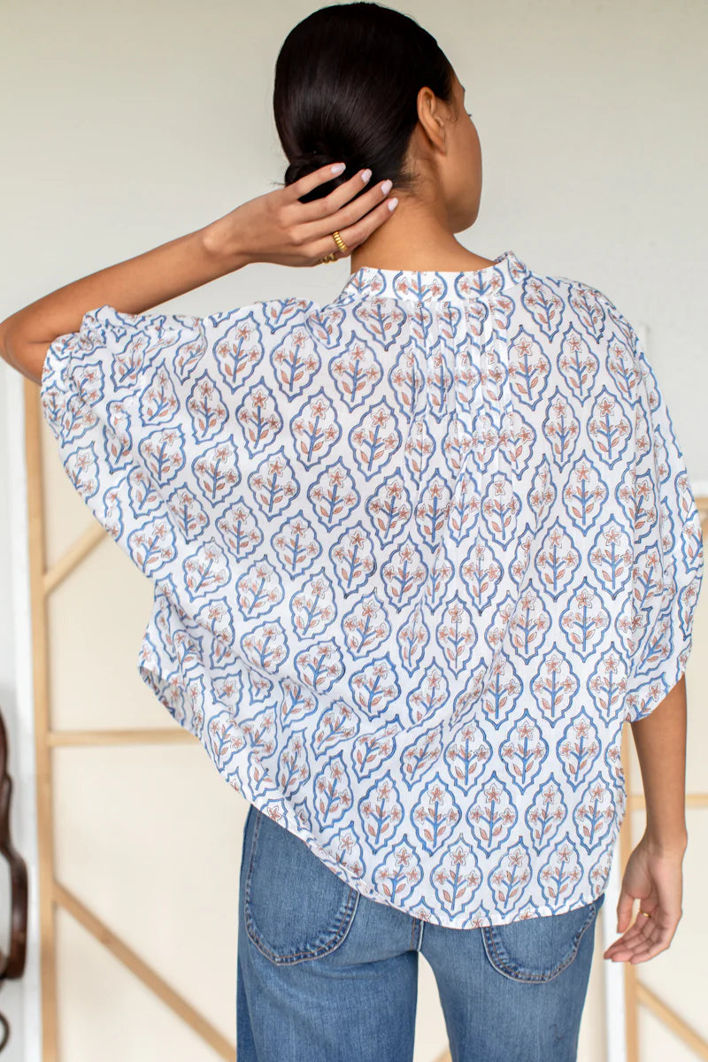 Mandarin collar top - blue portrait floral