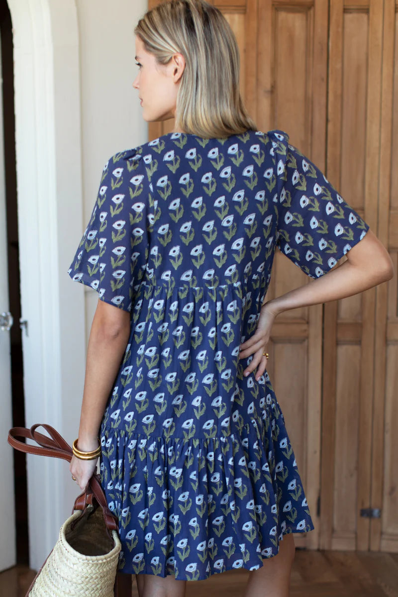 Isla Dress - Pressed Poppies Indigo