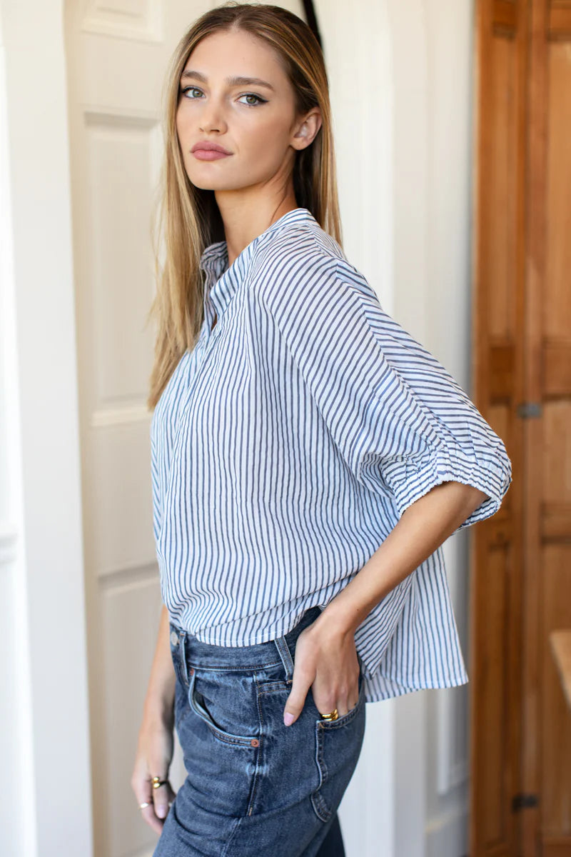 Mandarin Collar Top - Indigo stripe