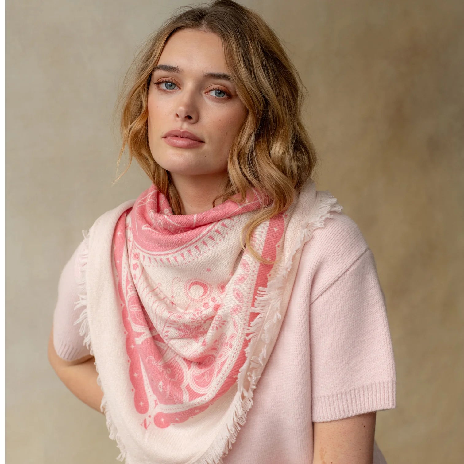 Celestial Bird Cashmere Bandana Sweater Wrap - Rose