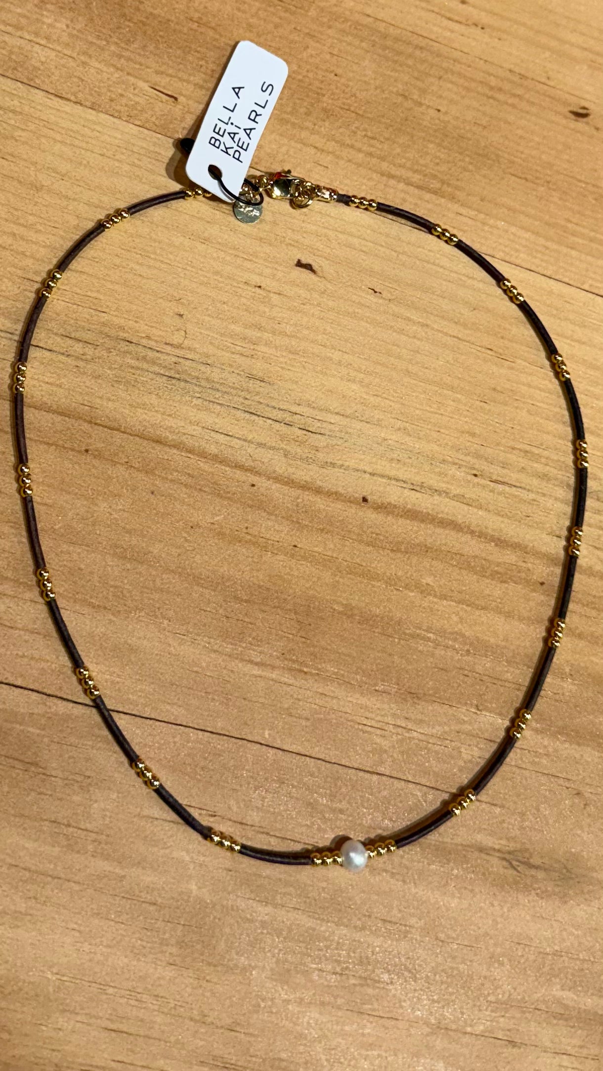 Leather choker with gold filled beads and small pearl
