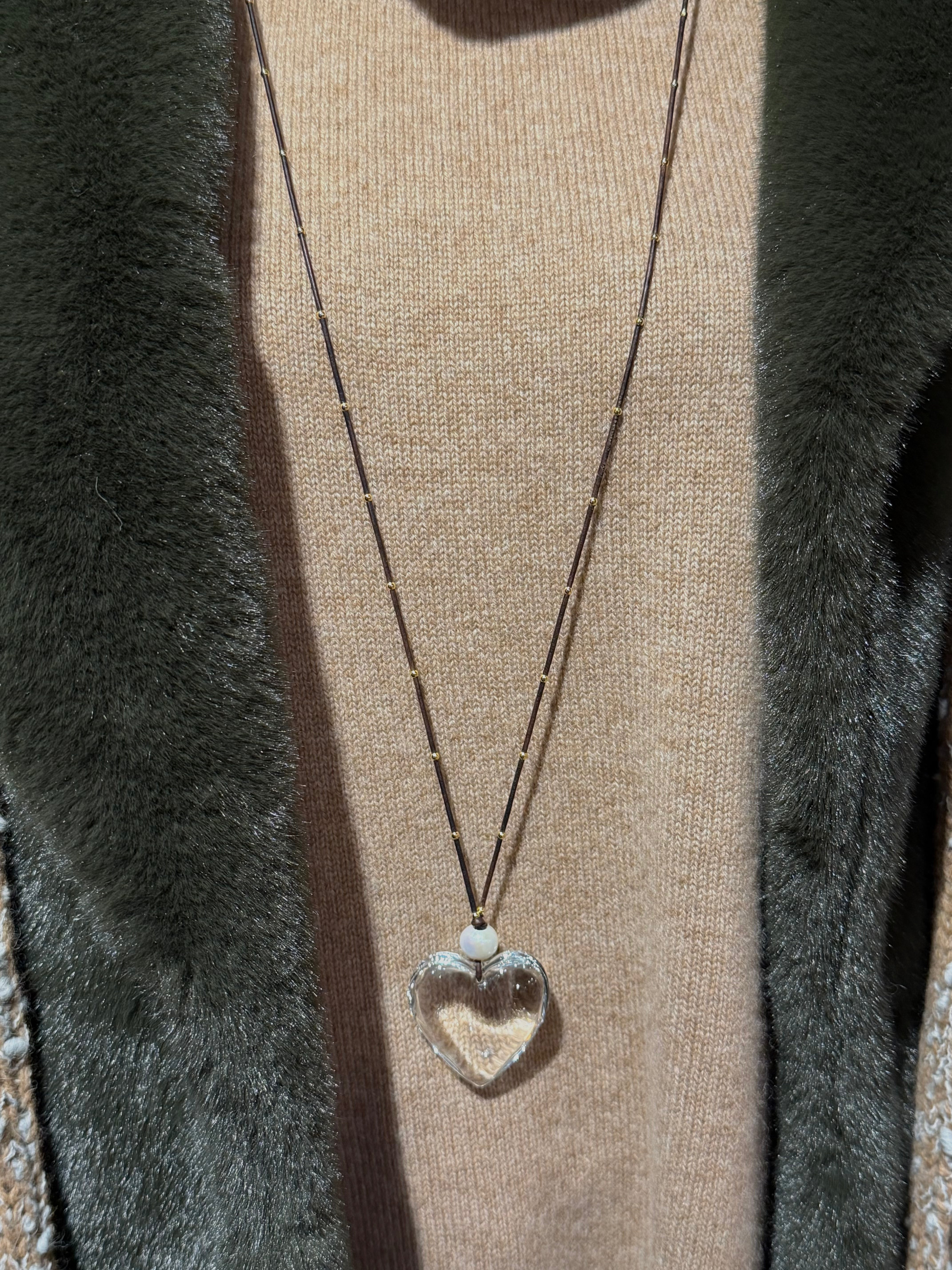 Long leather with glass heart necklace