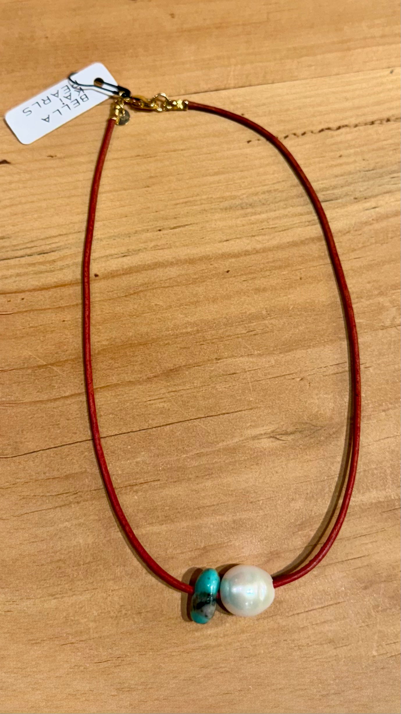 Red leather pearl and turquoise necklace