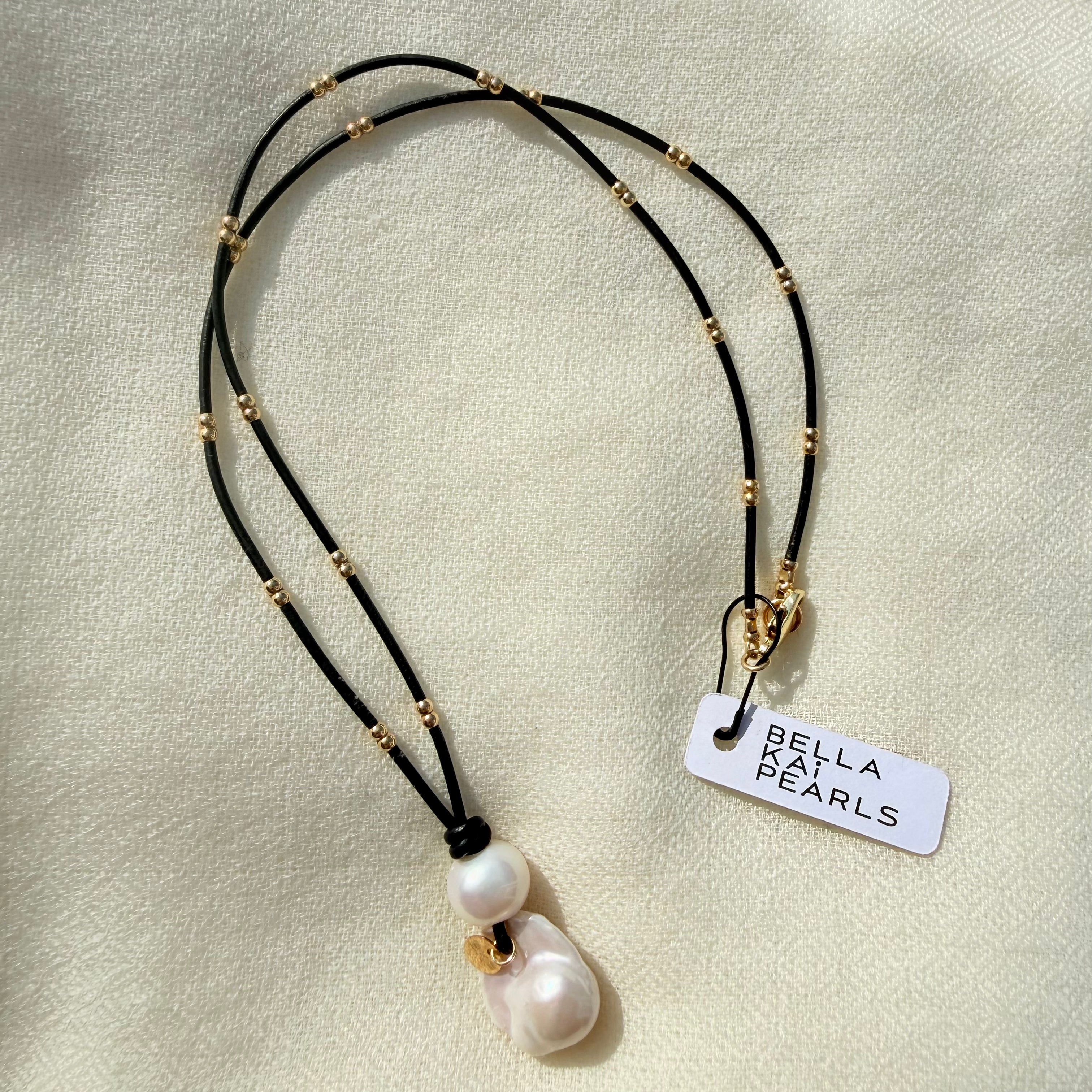 Baroque Pearl drop on black leather