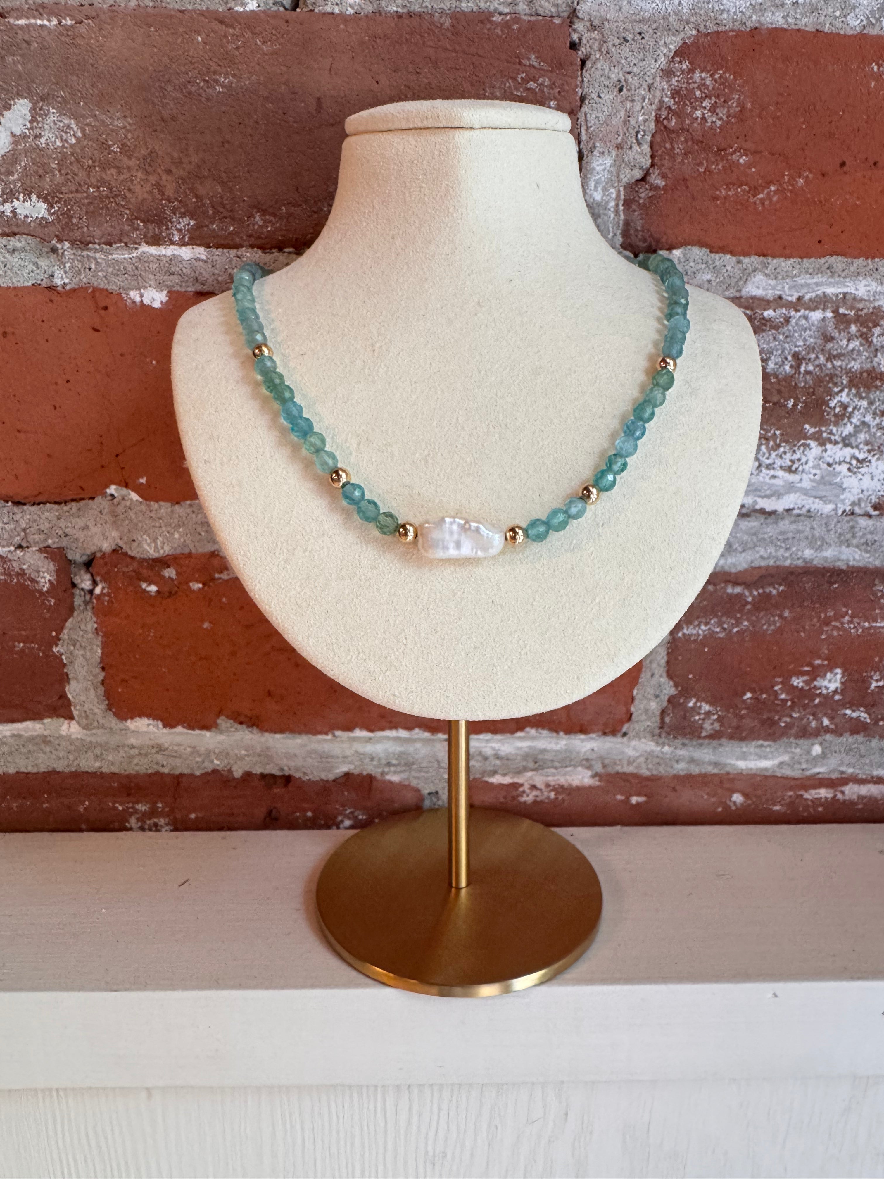 Apatite necklace with biwa pearl