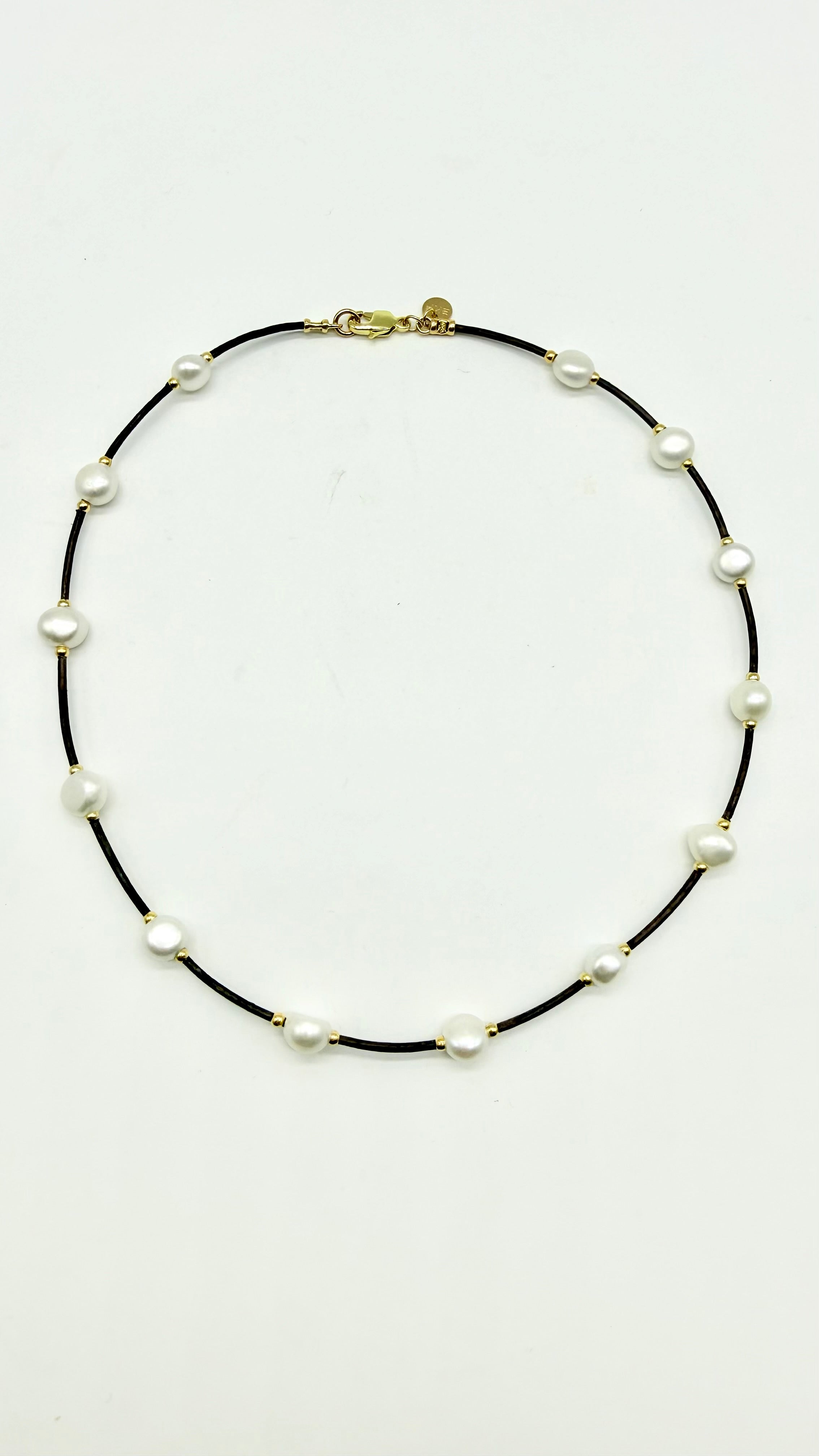 Brown Leather Choker/medium white pearls & gold beads