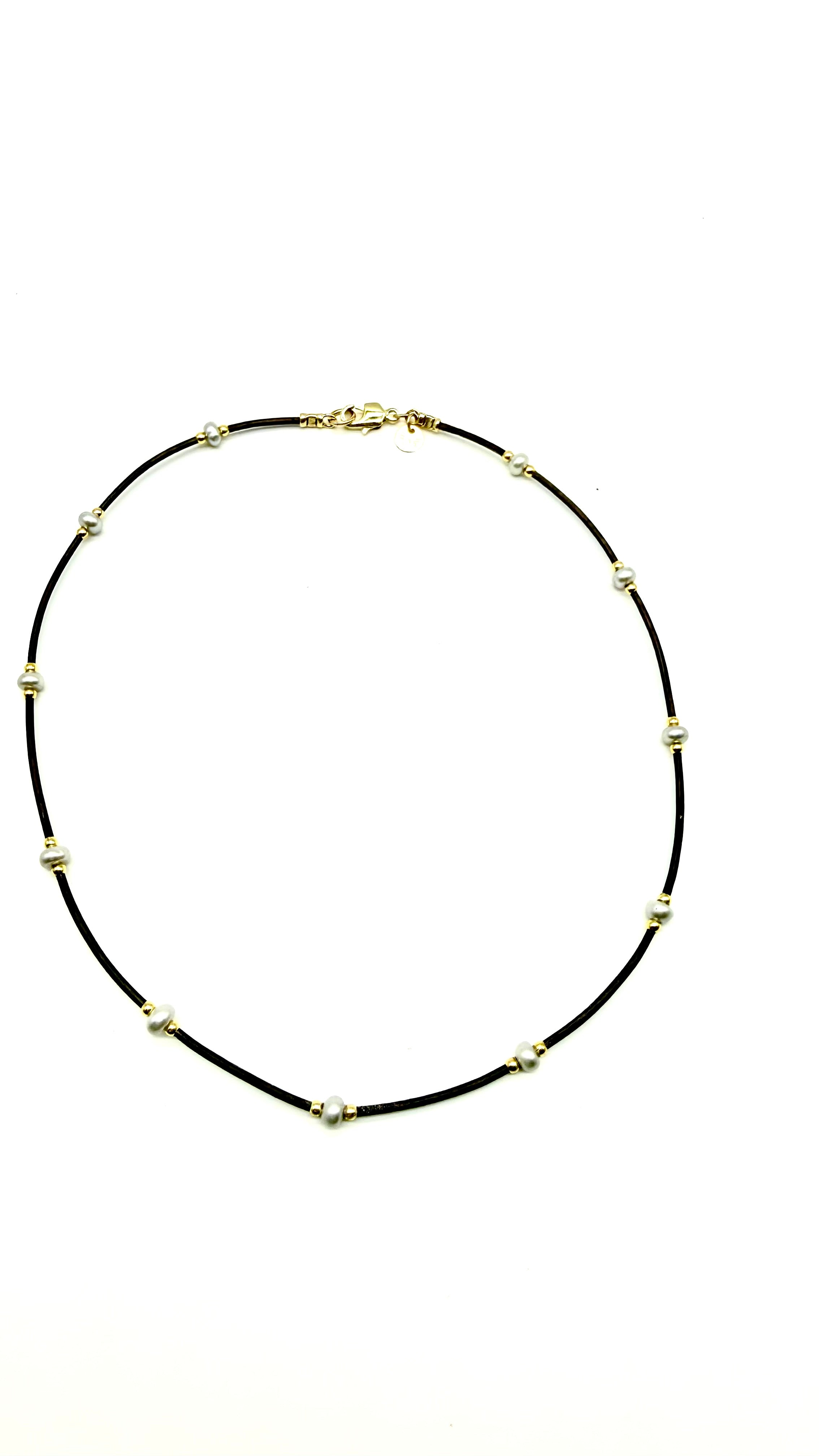 Brown leather choker/small gray pearls & gold beads