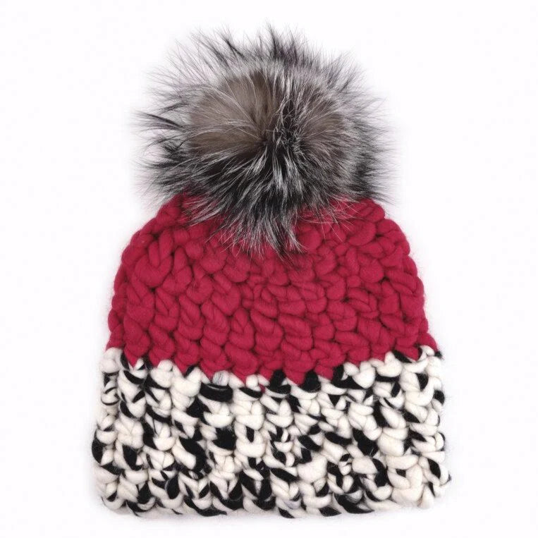 Red/ white/black blend color block + racoon pom