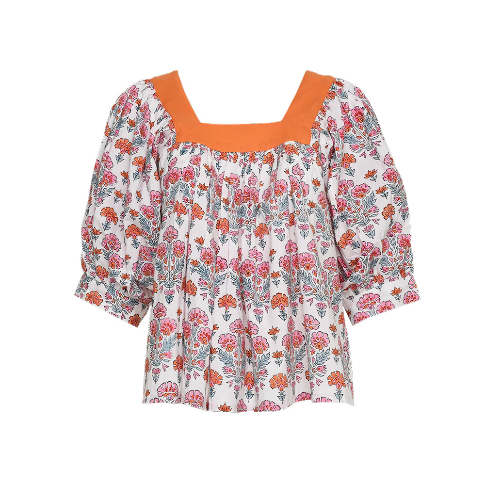 Viti top in coral-geranium print