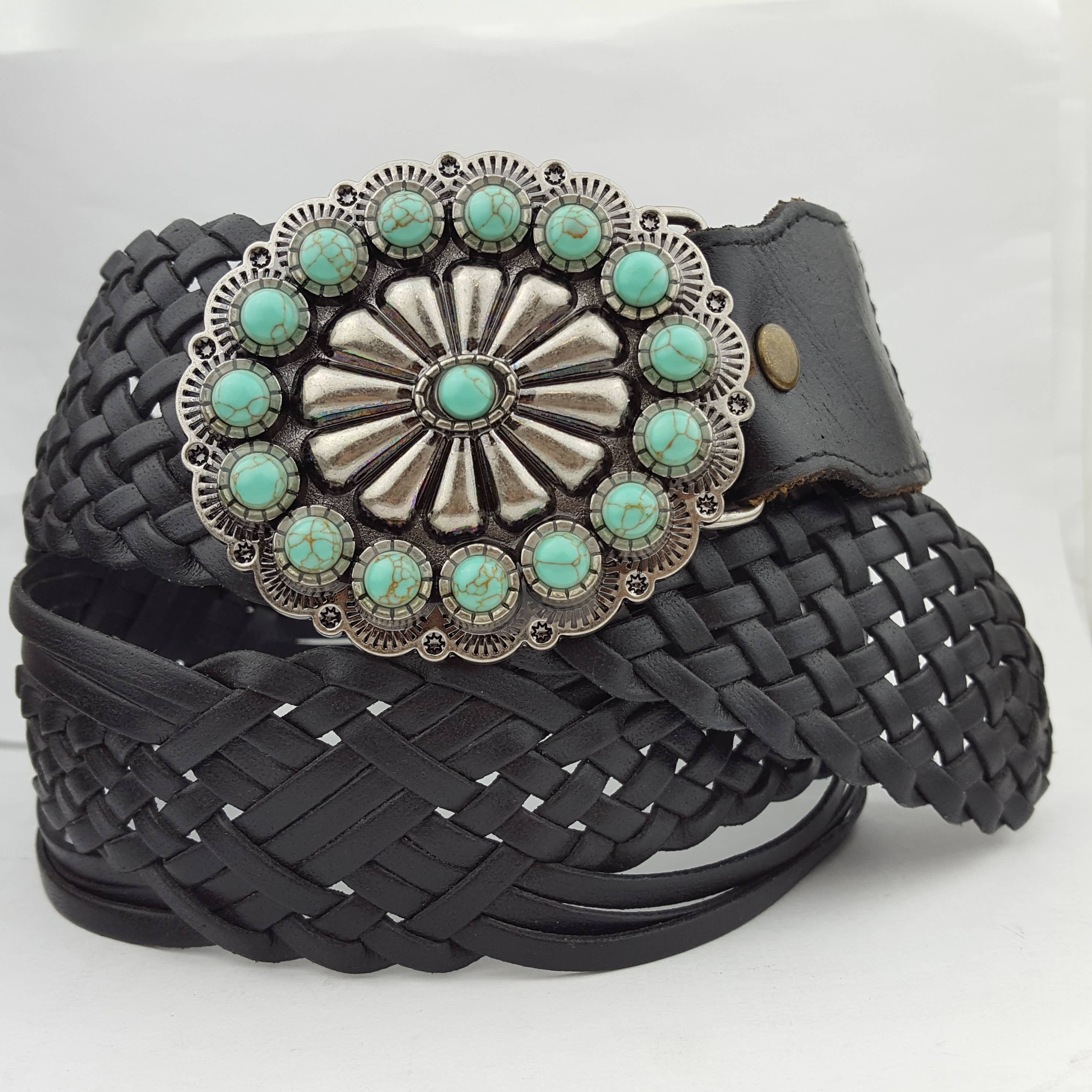 Hand Braided Leather Belt with Turquoise Style Buckle