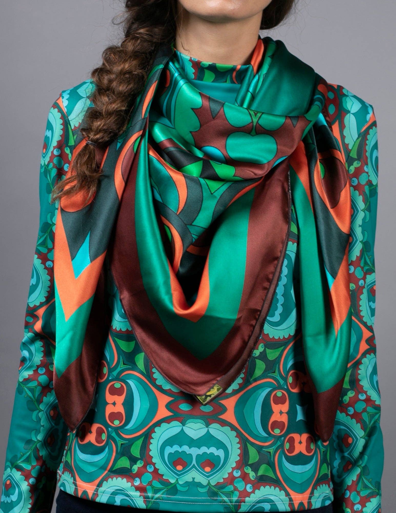 Charmeuse Botanical Prints Teal Orange Silk Scarf