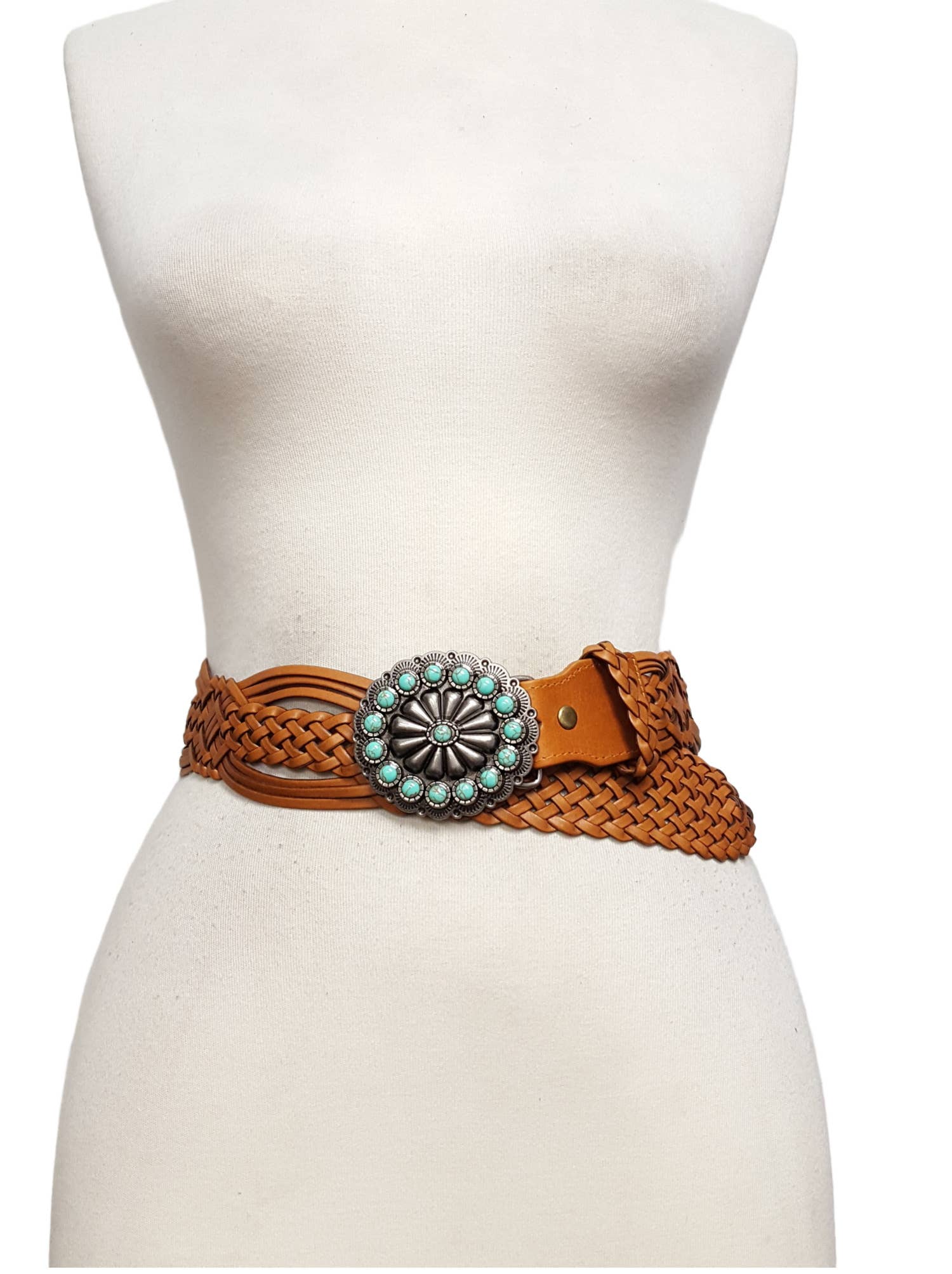 Hand Braided Leather Belt with Turquoise Style Buckle