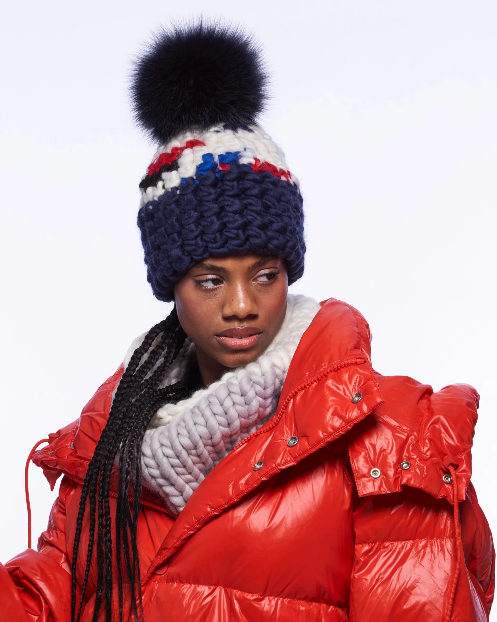 Mondrian/navy color block + graphite pom