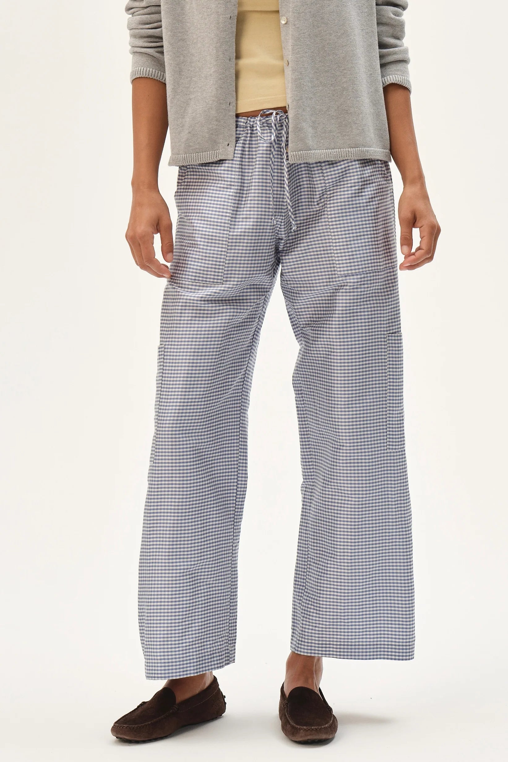 Taffeta Gingham Drawstring Cargo Pant in Cornflower - Donni