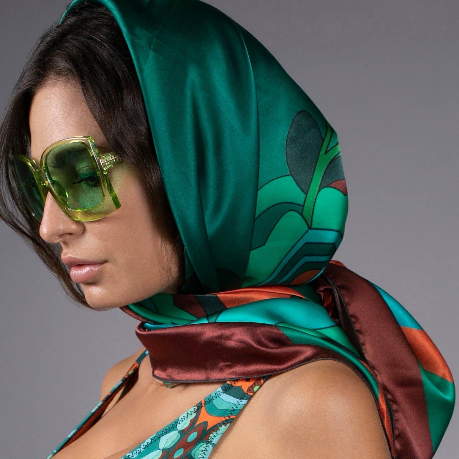 Charmeuse Botanical Prints Teal Orange Silk Scarf