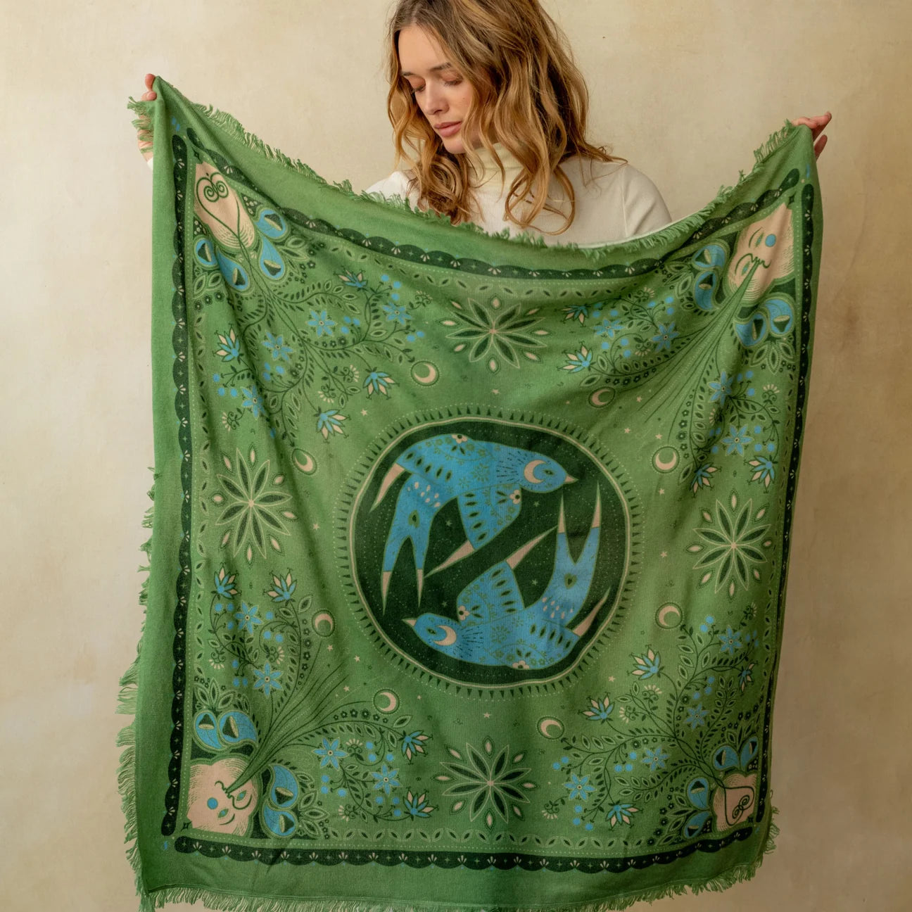 Celestial Bird Cashmere Bandana Sweater Wrap - Sage