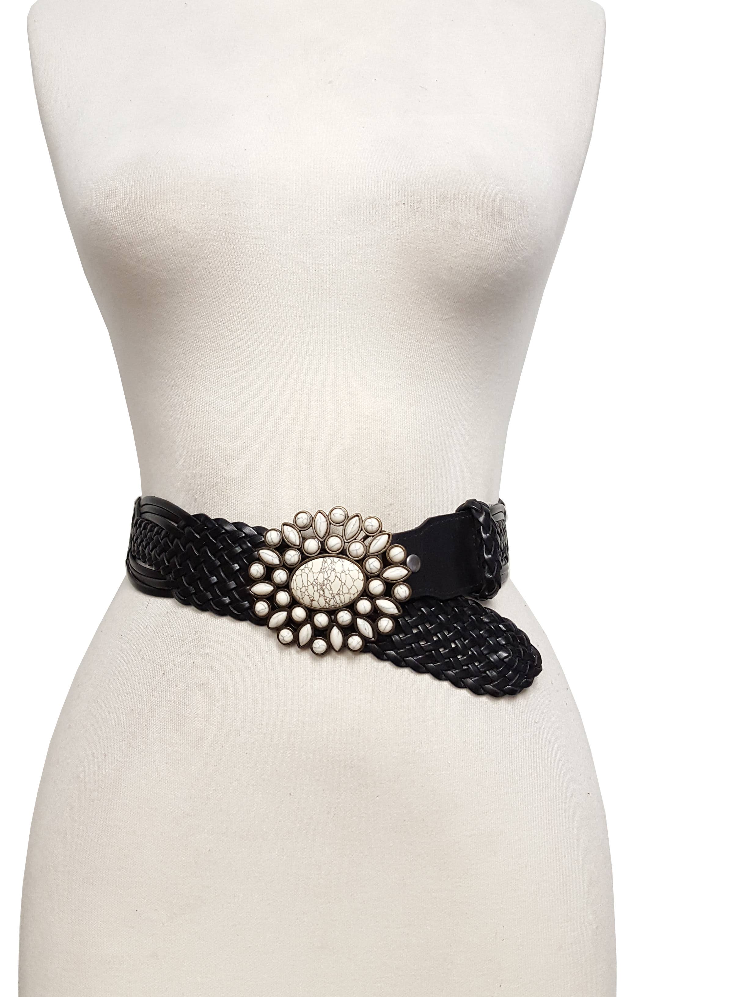 Hand Braided Leather Belt with Turquoise Style Buckle brass