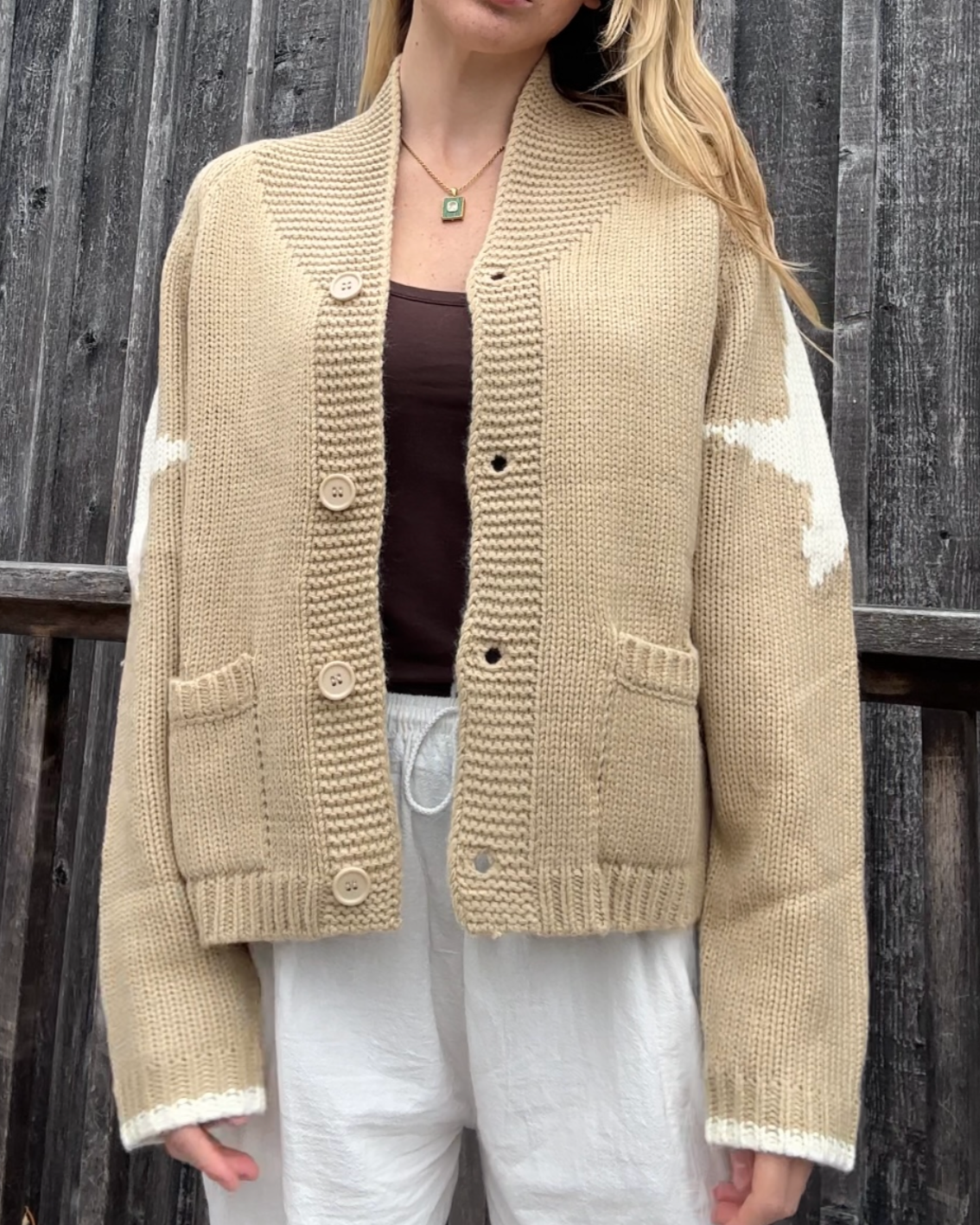 Vintage Cowboy Varsity Cardigan in Camel