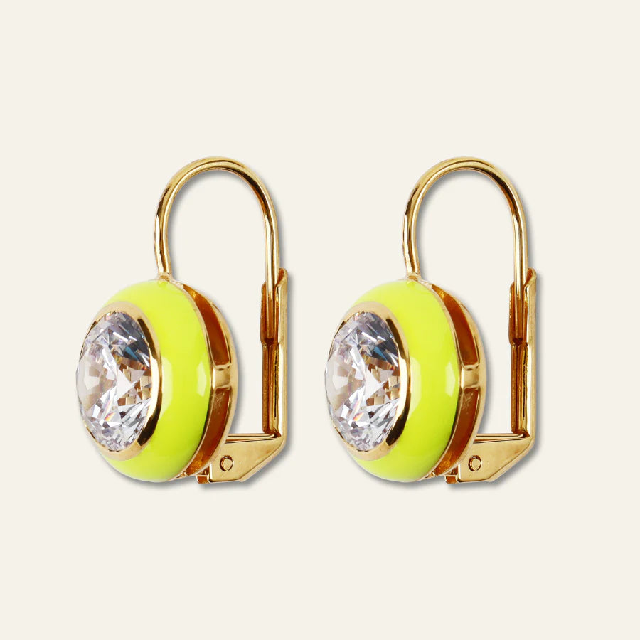 Chartreuse Enamel Bezel  Drop Earrings