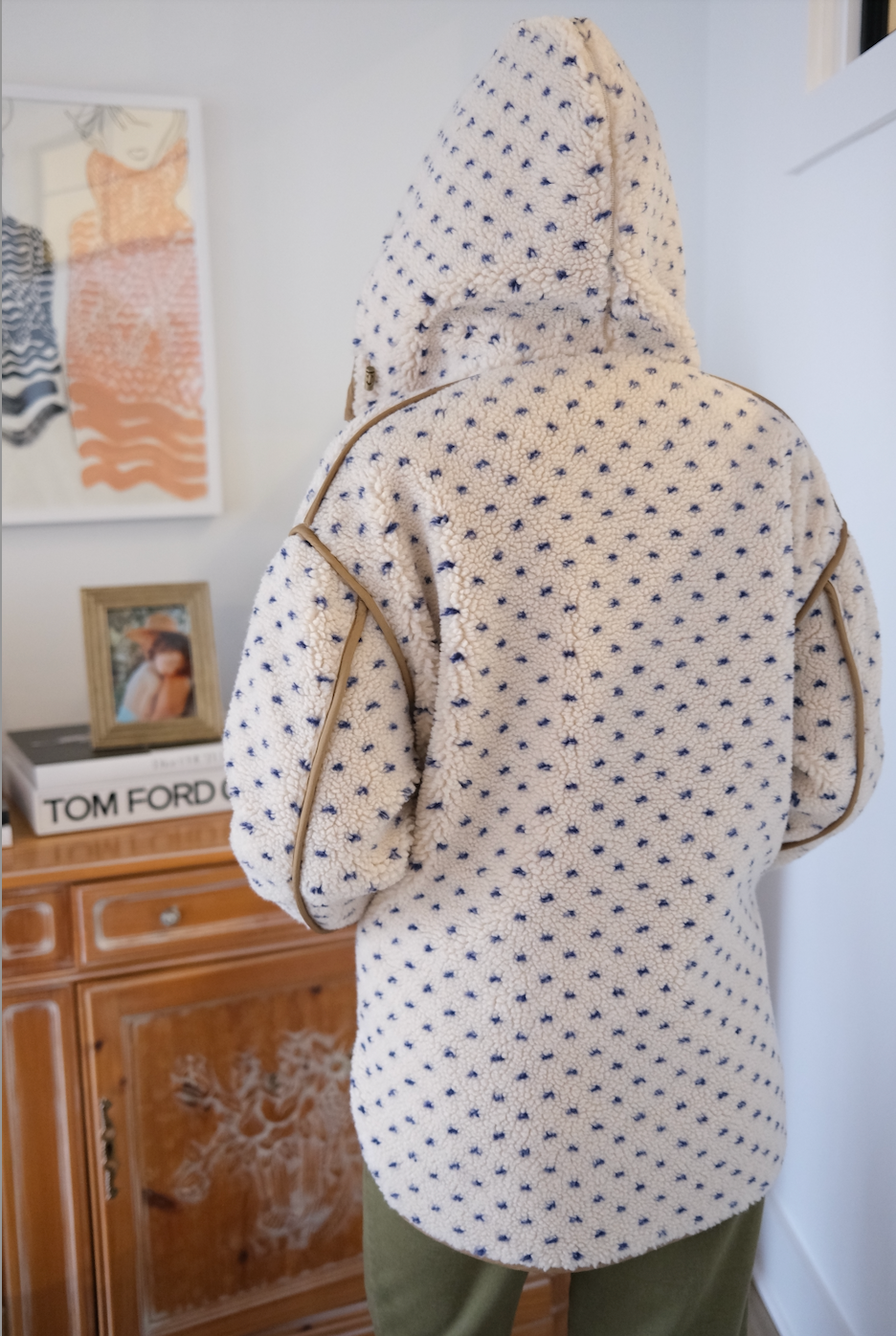 Hooded Sherpa Jacket - Ivory/Blue Birdseye