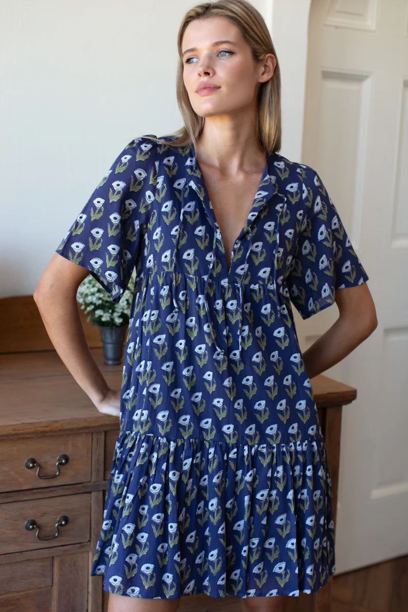 Isla Dress - Pressed Poppies Indigo