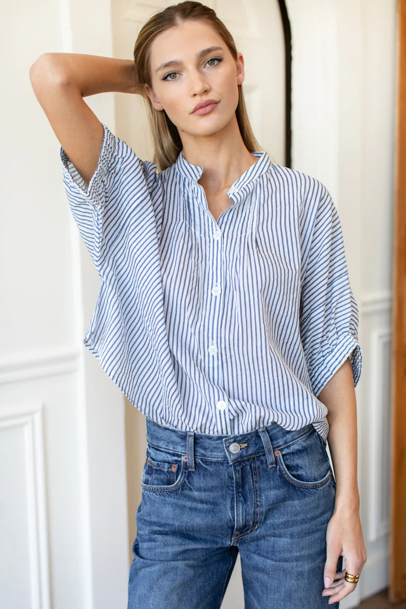 Mandarin Collar Top - blue indigo stripe