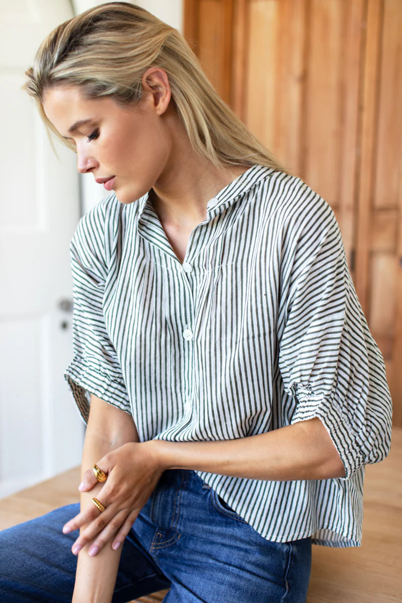 Mandarin Collar Top - Moss Stripe