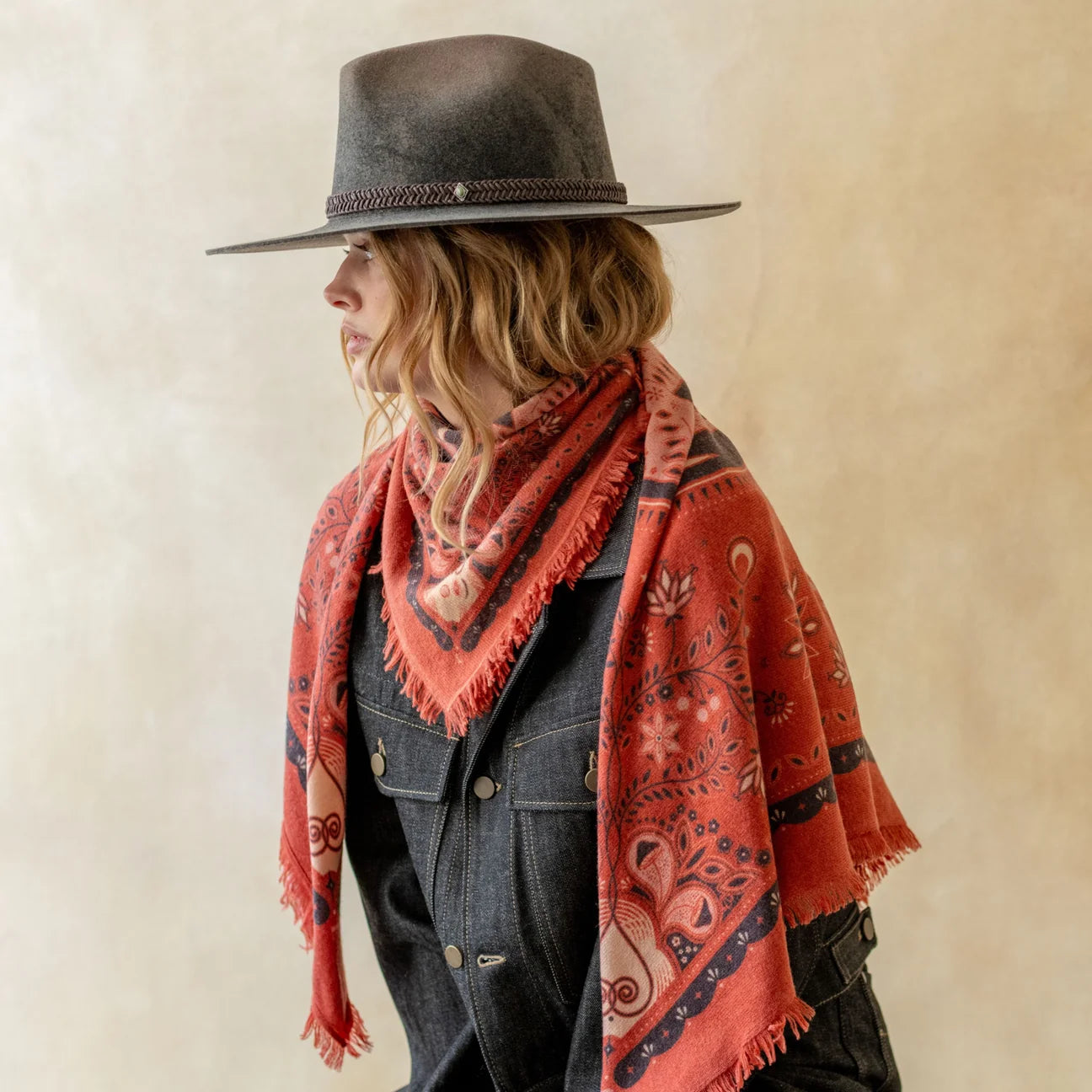 Celestial Bird Cashmere Bandana Sweater Wrap - Cranberry