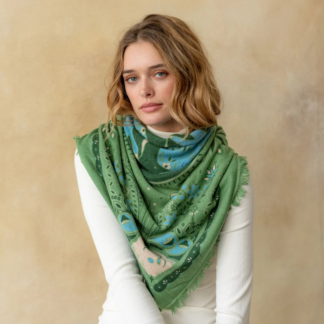 Celestial Bird Cashmere Bandana Sweater Wrap - Sage