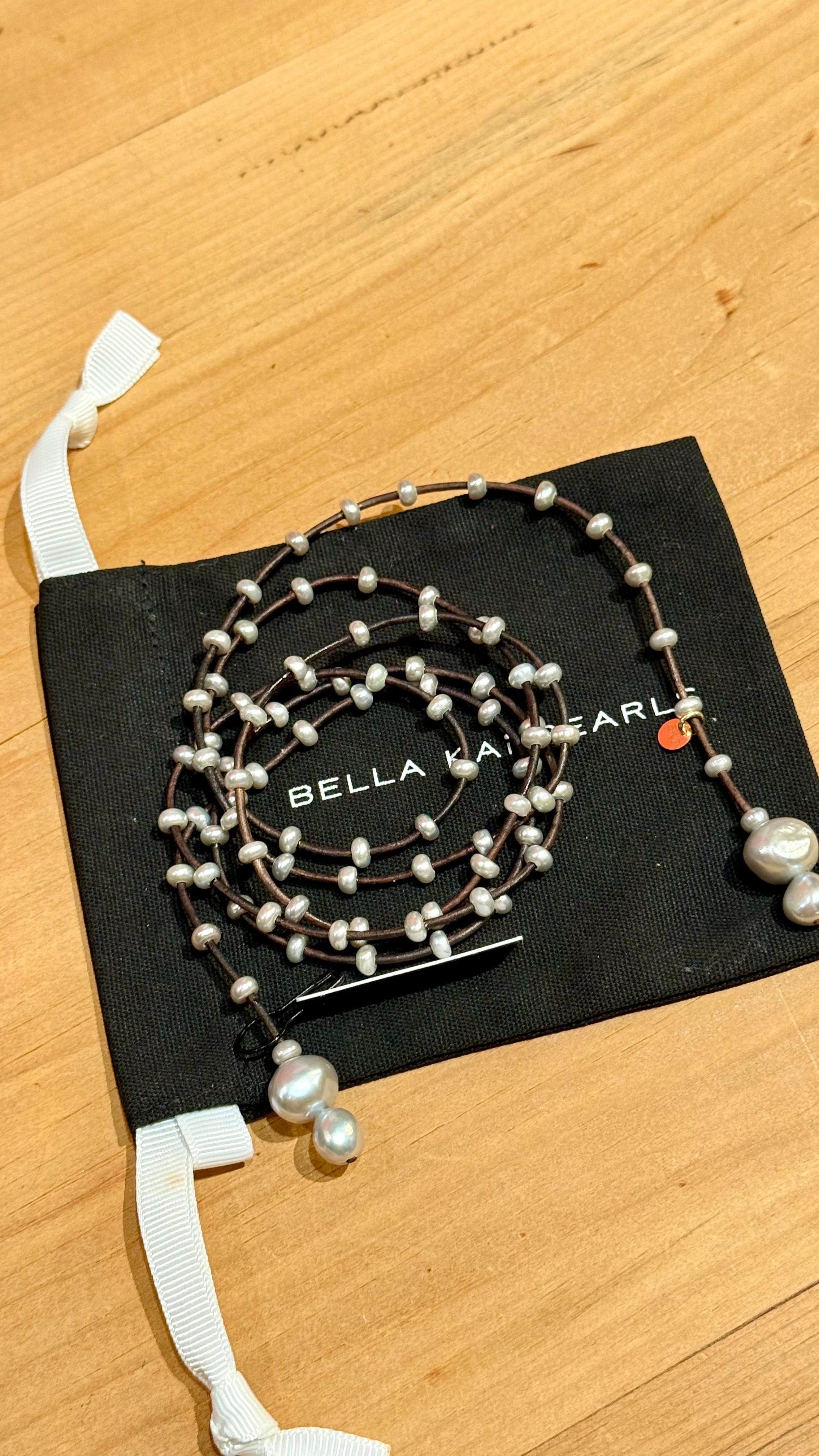 New Gray long lariat - gray pearls on brown leather