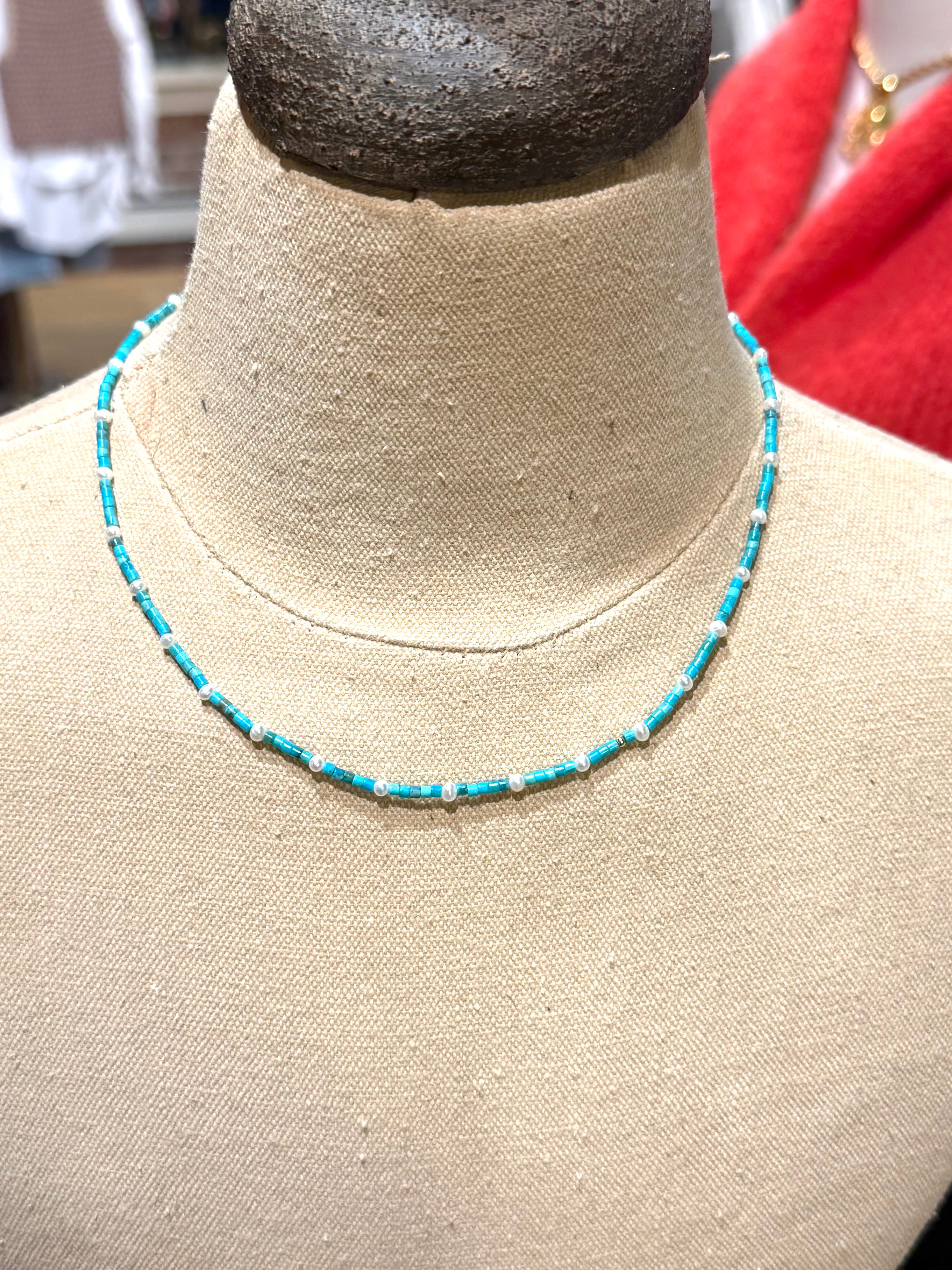 Turquoise & small leather pearl choker