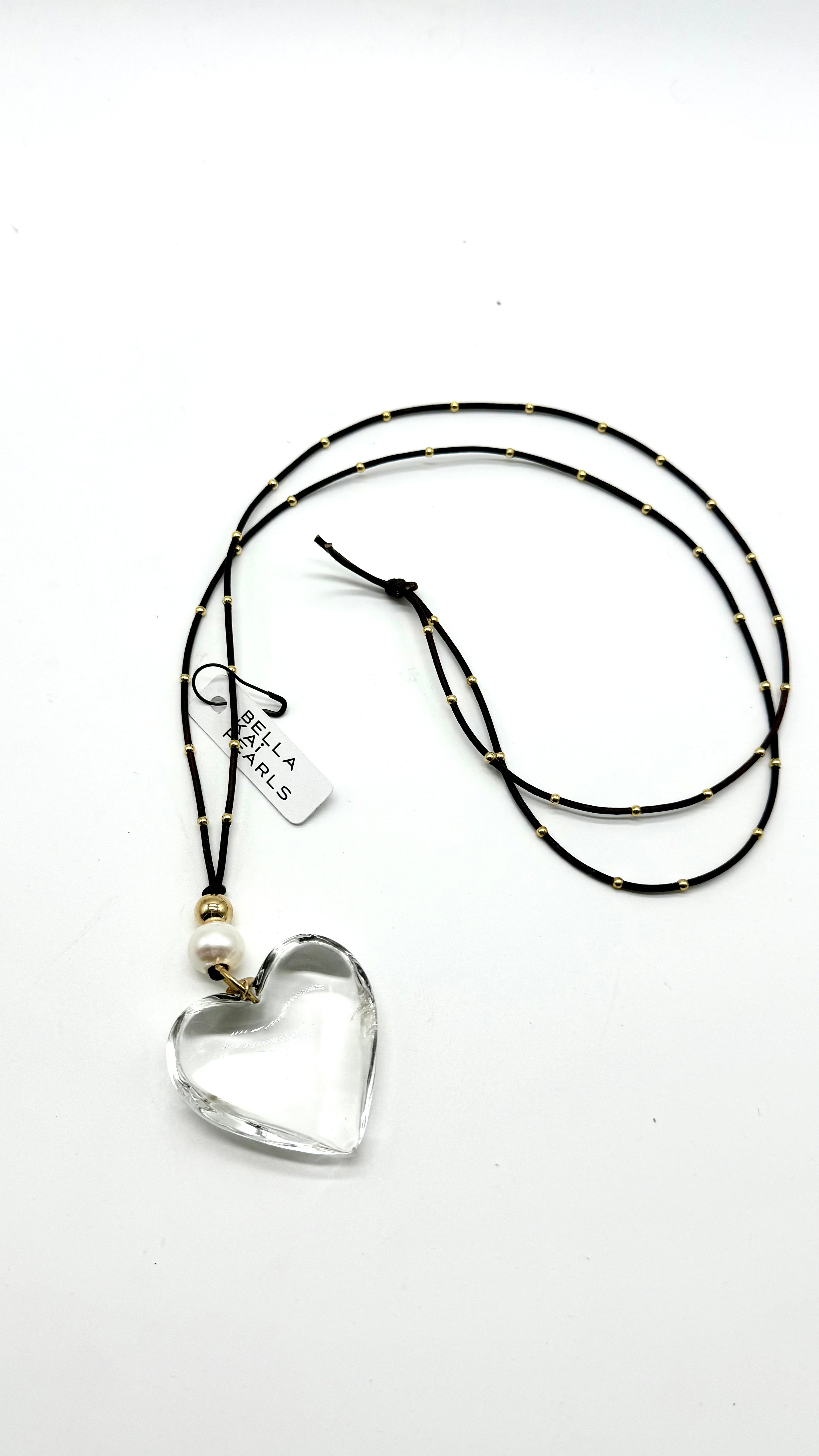 Long leather with glass heart necklace