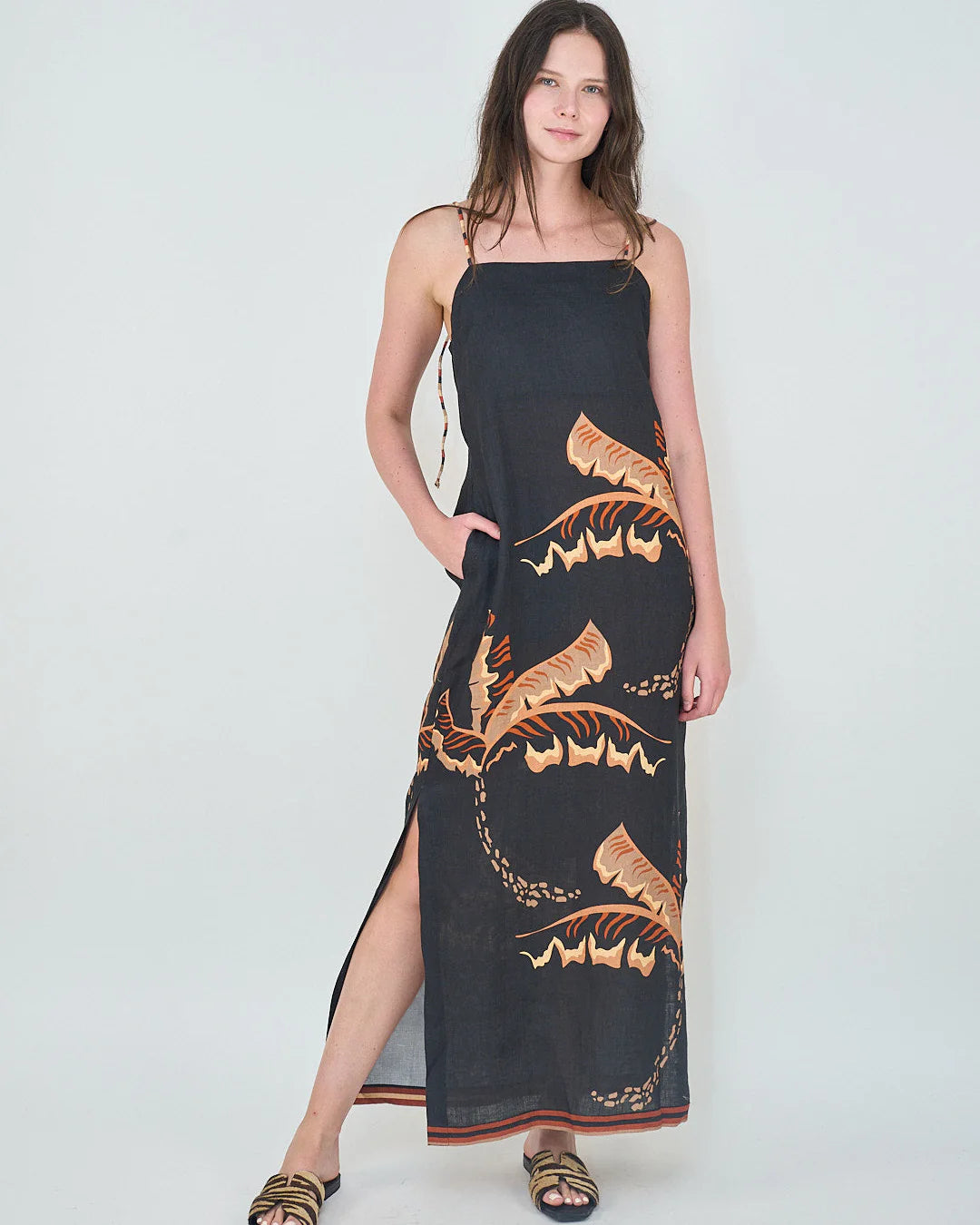 Long Dress Bali Tiger Palms Black