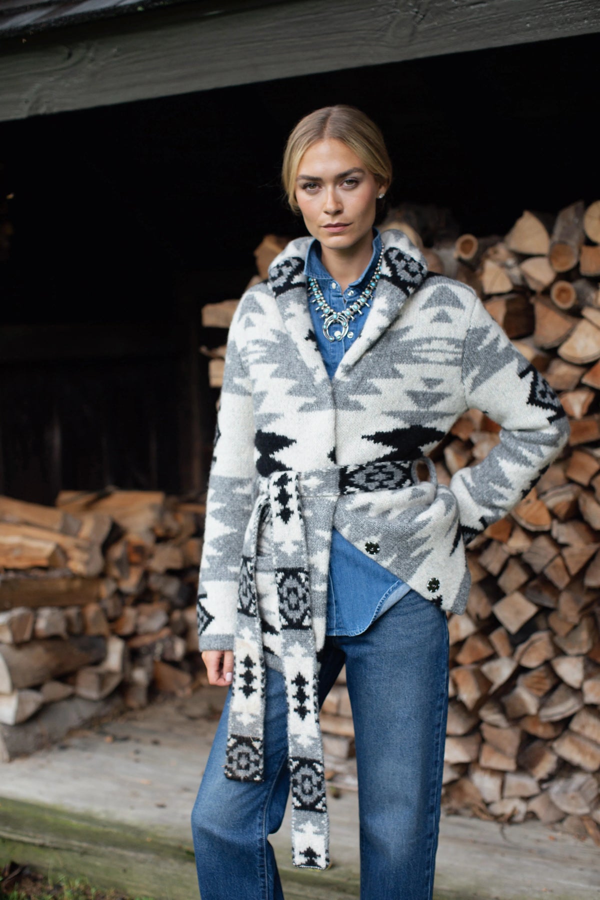 Sedona Grey Intarsia Wool Blend Sweater Coat