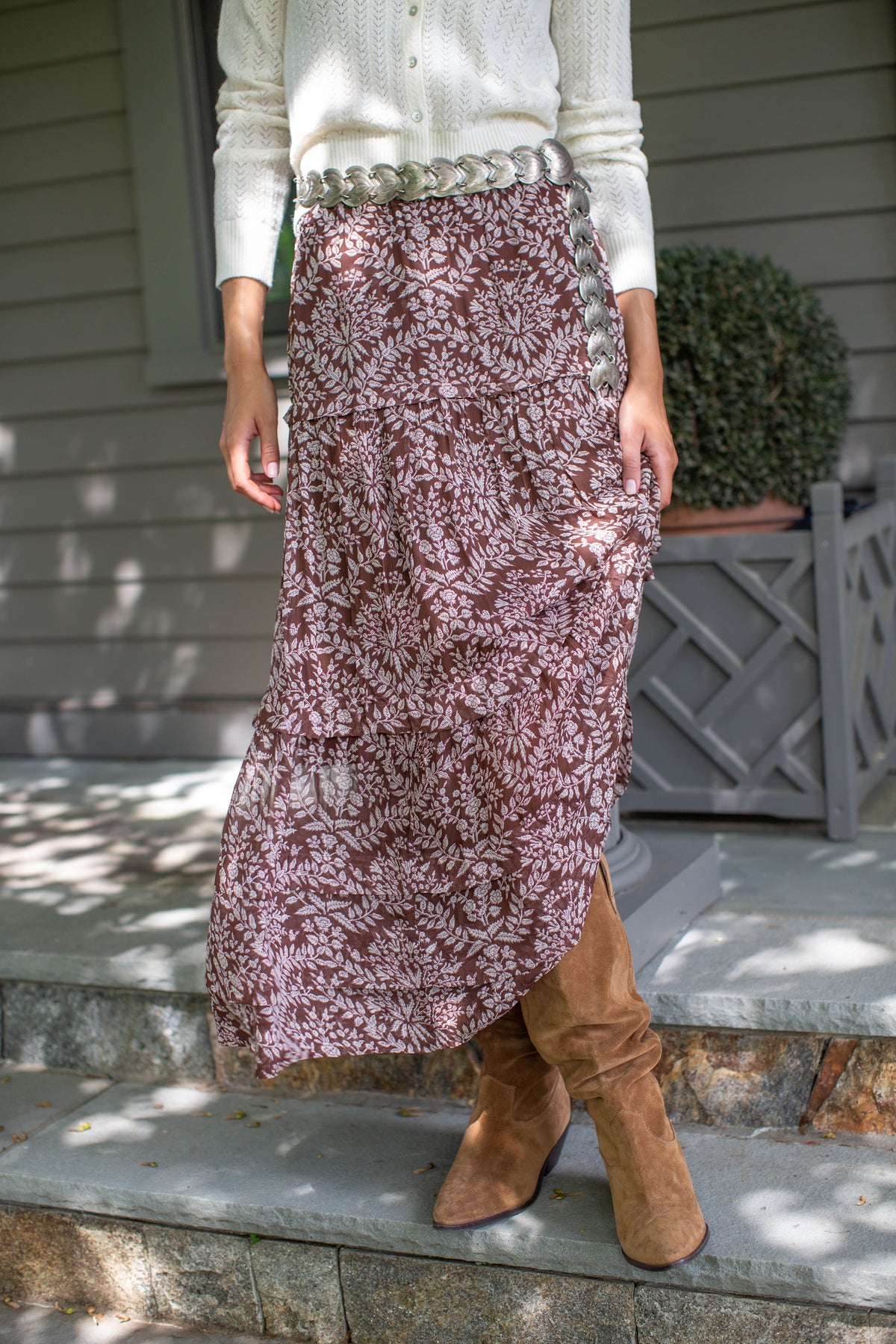 Brooklyn Chocolate Lace Floral Chiffon Midi Skirt