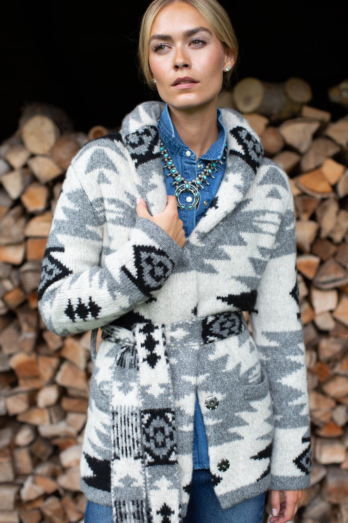 Sedona Grey Intarsia Wool Blend Sweater Coat