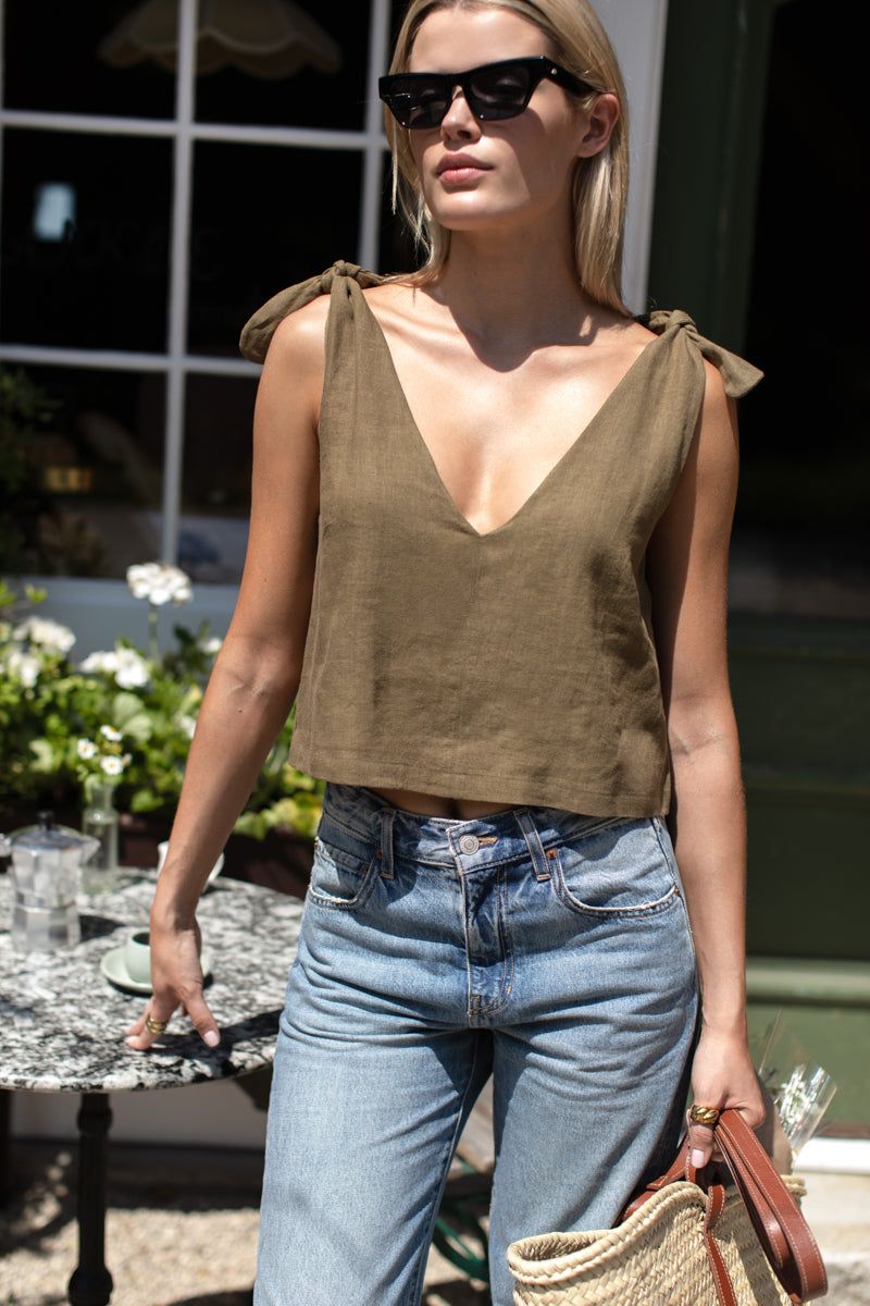 Tie Shoulder Mod Top- Gothic Olive Linen