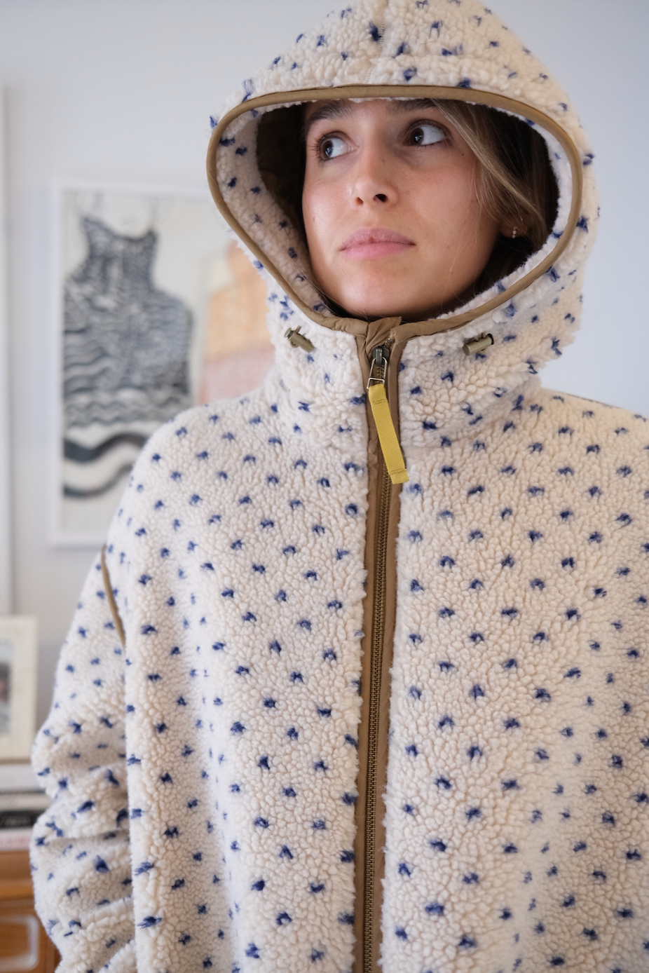Hooded Sherpa Jacket - Ivory/Blue Birdseye